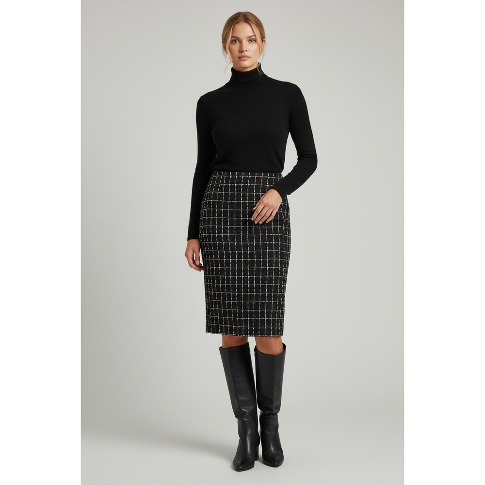 Karl Lagerfeld Paris‎ Size 10 Black White Windowpane Plaid Pencil Skirt Office